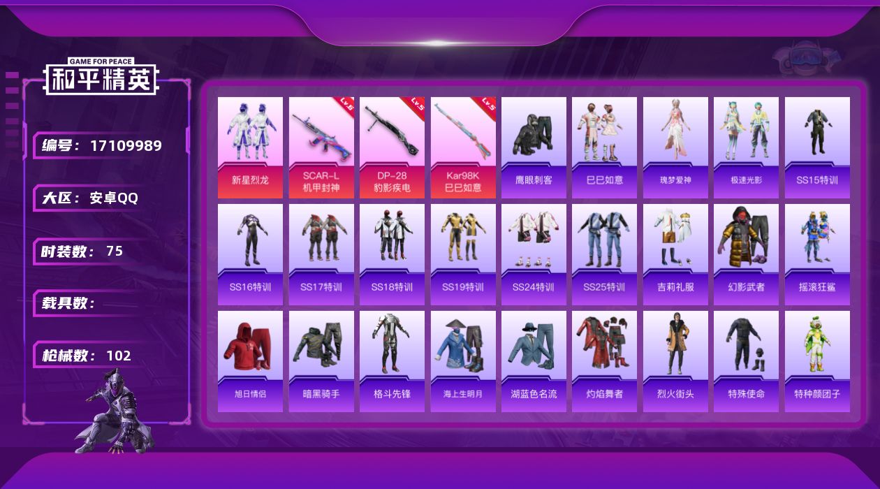 和平精英账号安卓QQ[17109989]【800】安卓 手Q-1粉装-3特效枪-0载具-0粉色飞行器-31658热力值-2王牌印记-75套装-102枪皮
【粉色套装】：粉装-新星烈龙
【粉色枪皮等级】：SCAR-L-机甲