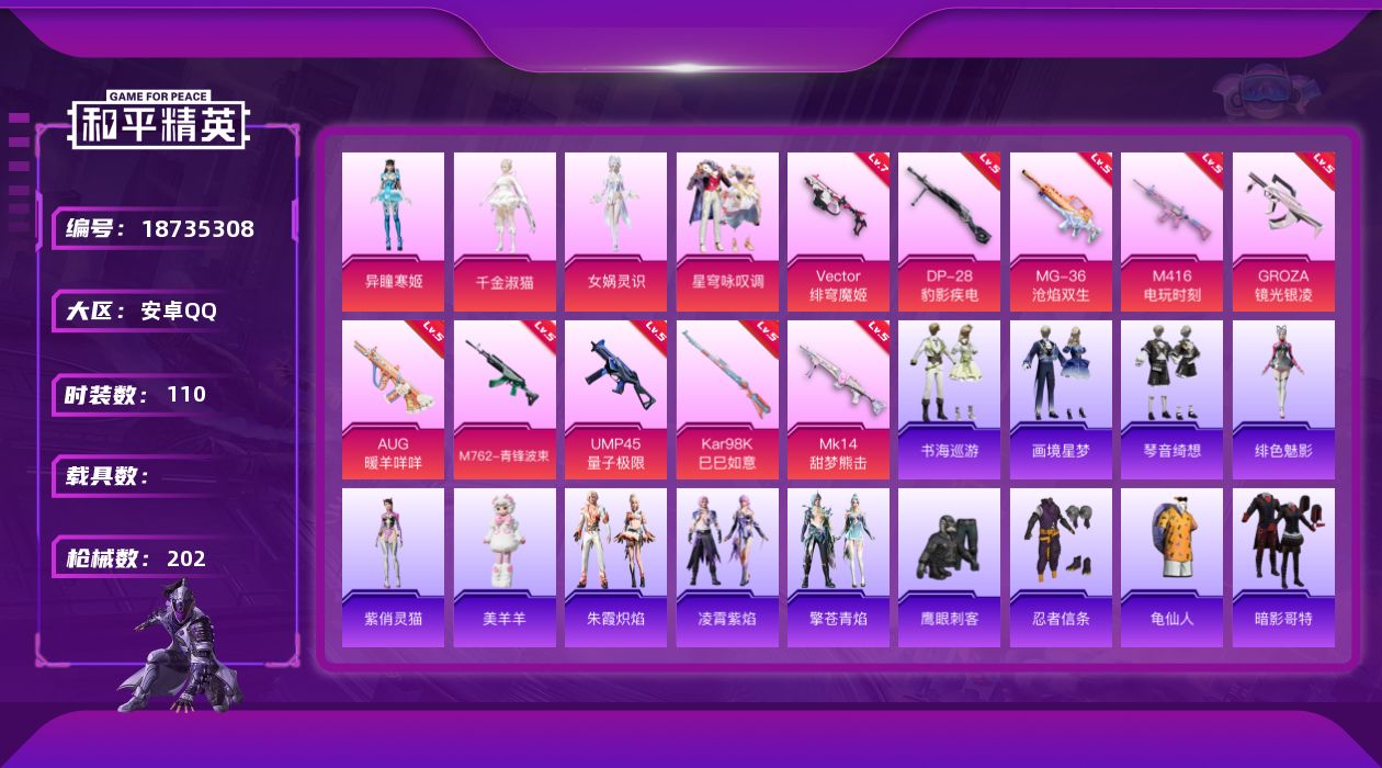 和平精英账号安卓QQ[18735308]安卓 手Q-4粉装-12特效枪-0载具-2粉色飞行器-56715热力值-10王牌印记-110套装-202枪皮
【热门品类】：套装-忍者信条，套装-龟仙人，套装-暗影哥特，套装-粉红