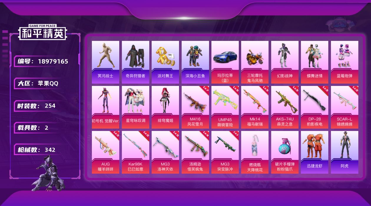 和平精英账号苹果QQ[18979165]木乃伊-粉蓝紫螳螂-金鞋-哥特-奇异狩猎-小丑鱼-苹果 手Q-6粉装-13特效枪-2载具-4粉色飞行器-104667热力值-15王牌印记-254套装-342枪皮
【热门品类】：套装