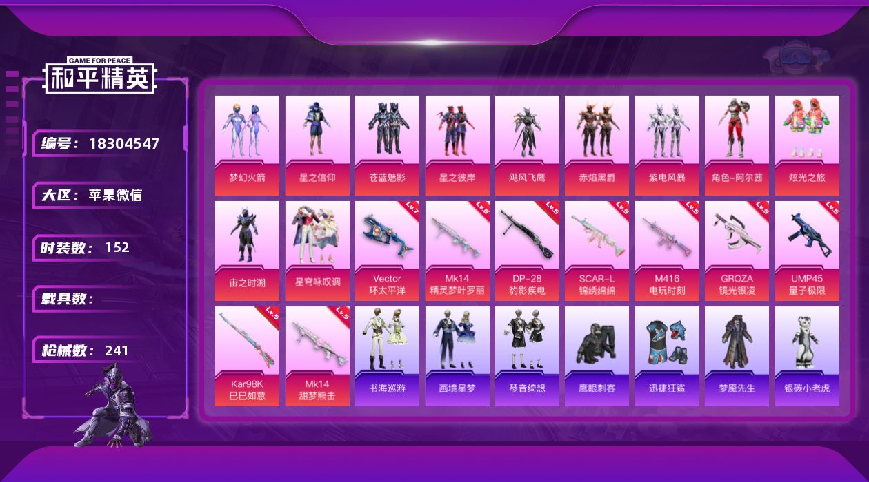 和平精英账号苹果微信[18304547]苹果 微信-11粉装-13特效枪-0载具-2粉色飞行器-68489热力值-1王牌