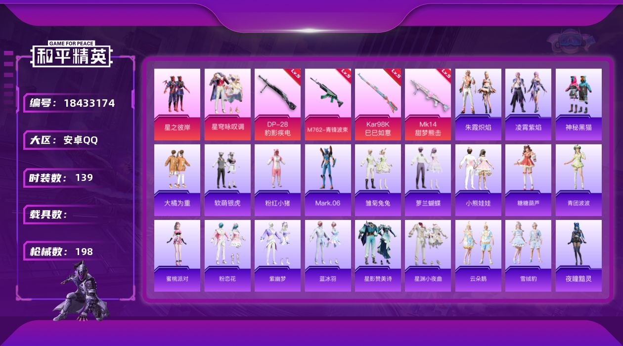 和平精英账号安卓QQ[18433174]安卓 手Q-2粉装-7特效枪-0载具-5粉色飞行器-52628热力值-3王牌印记-139套装-198枪皮
【热门品类】：套装-粉红小猪，角色-Mark.06
【粉色套装】：粉装-星