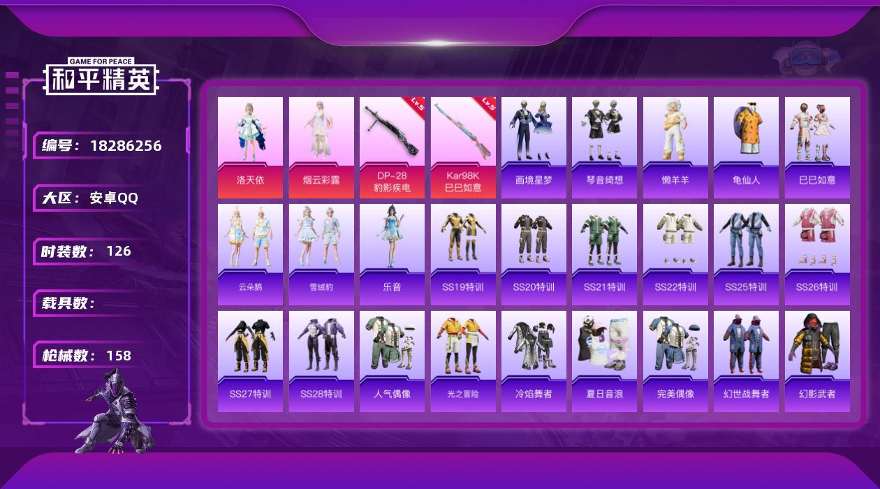 和平精英账号安卓QQ[18286256]安卓 手Q-2粉装-5特效枪-0载具-1粉色飞行器-44992热力值-4王牌印记-126套装-158枪皮【热门品类】：套装-龟仙人【粉色套装】：角色-洛天依，角色-烟云彩露【粉色枪