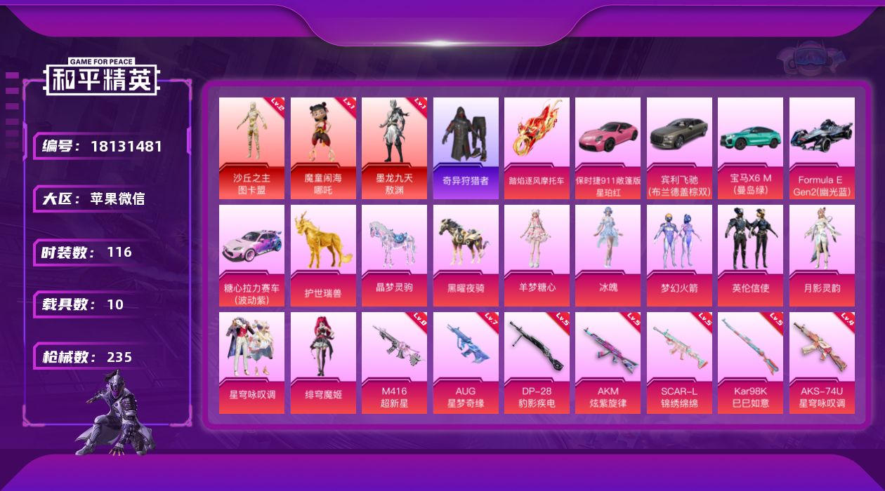 和平精英账号苹果微信[18131481]图卡盟！哪吒敖渊！星梦奇缘(七级)！苹果 微信-3神装-7粉装-24特效枪-10载具-13粉色飞行器-91500热力值-13王牌印记-116套装-235枪皮
【红色神装等级】：魔童