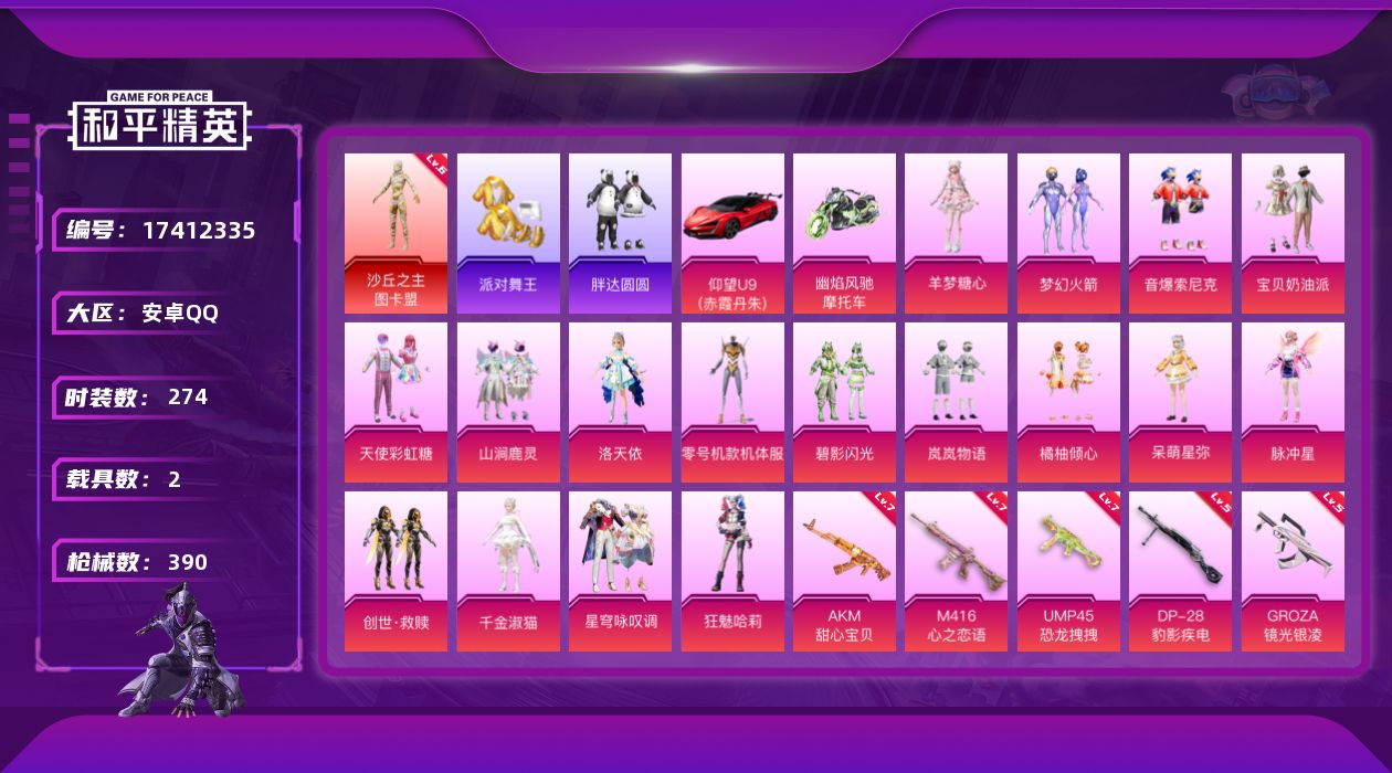 和平精英账号安卓QQ[17412335]6级神装图卡盟【特价出售/店主推荐】安卓 手Q-1神装-18粉装-19特效枪-2载具-10粉色飞行器-142182热力值-25王牌印记-274套装-390枪皮
【红色神装等级】：沙