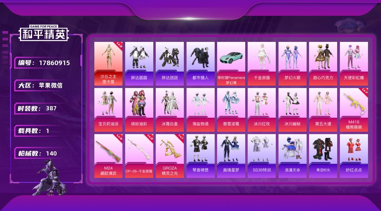 和平精英账号苹果微信1载具-101套装-140枪皮-图卡盟2级 都市 三姐妹 猪妹1红装2稀有1载具12粉装13特效枪1