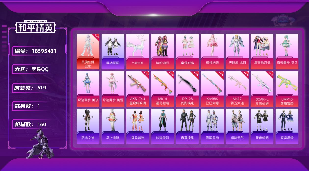 和平精英账号苹果QQ[18595431]1红装 8粉装 7特效枪 1载具 4印记 可二次 可修改实名 
【一级神装】一级