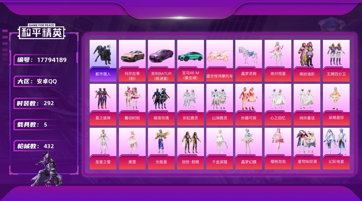 和平精英账号安卓QQ[17794189]安卓 手Q-21粉装-18特效枪-5载具-8粉色飞行器-149172热力值-22王牌印记-292套装-432枪皮
【热门品类】：粉装-缤纷油彩，绝对防御上衣，套装-都市猎人，角色-