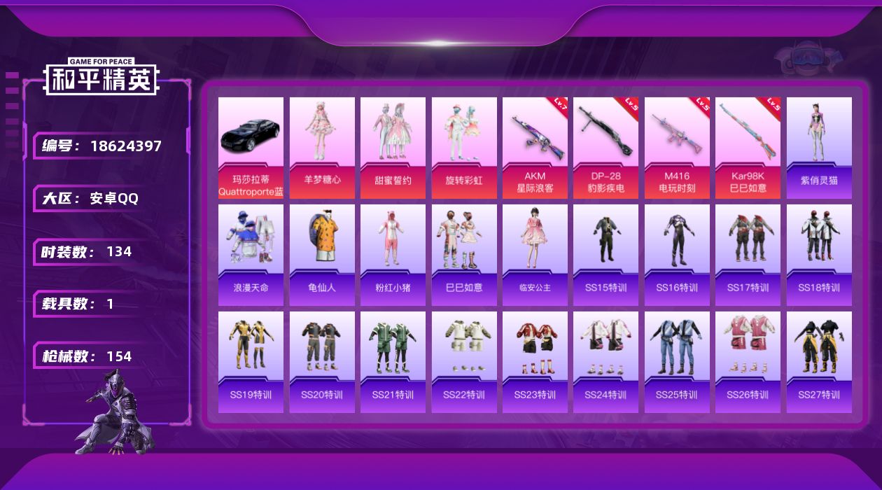 和平精英账号安卓QQ[18624397]安卓 手Q-3粉装-7特效枪-1载具-1粉色飞行器-48979热力值-7王牌印记-134套装-154枪皮
【热门品类】：套装-浪漫天命，套装-龟仙人，套装-粉红小猪
【粉色套装】：