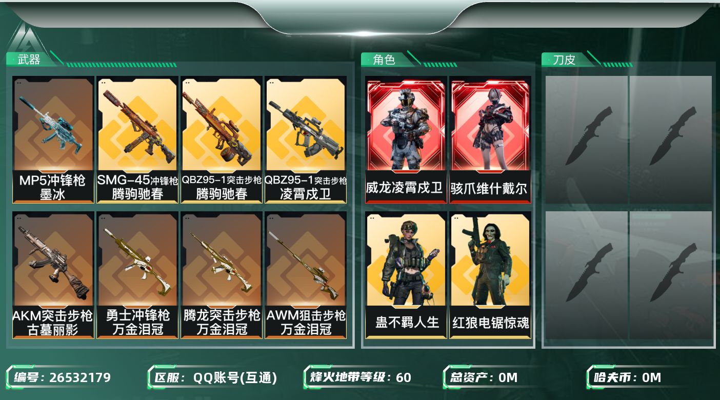 三角洲行动账号QQ[26532179]总资产(M)：9.5|哈夫币(K)：325|干员外观：骇爪维什戴尔,威龙凌霄戍卫,红狼电锯惊魂,蛊不羁人生|近战皮肤：近战-黑鹰