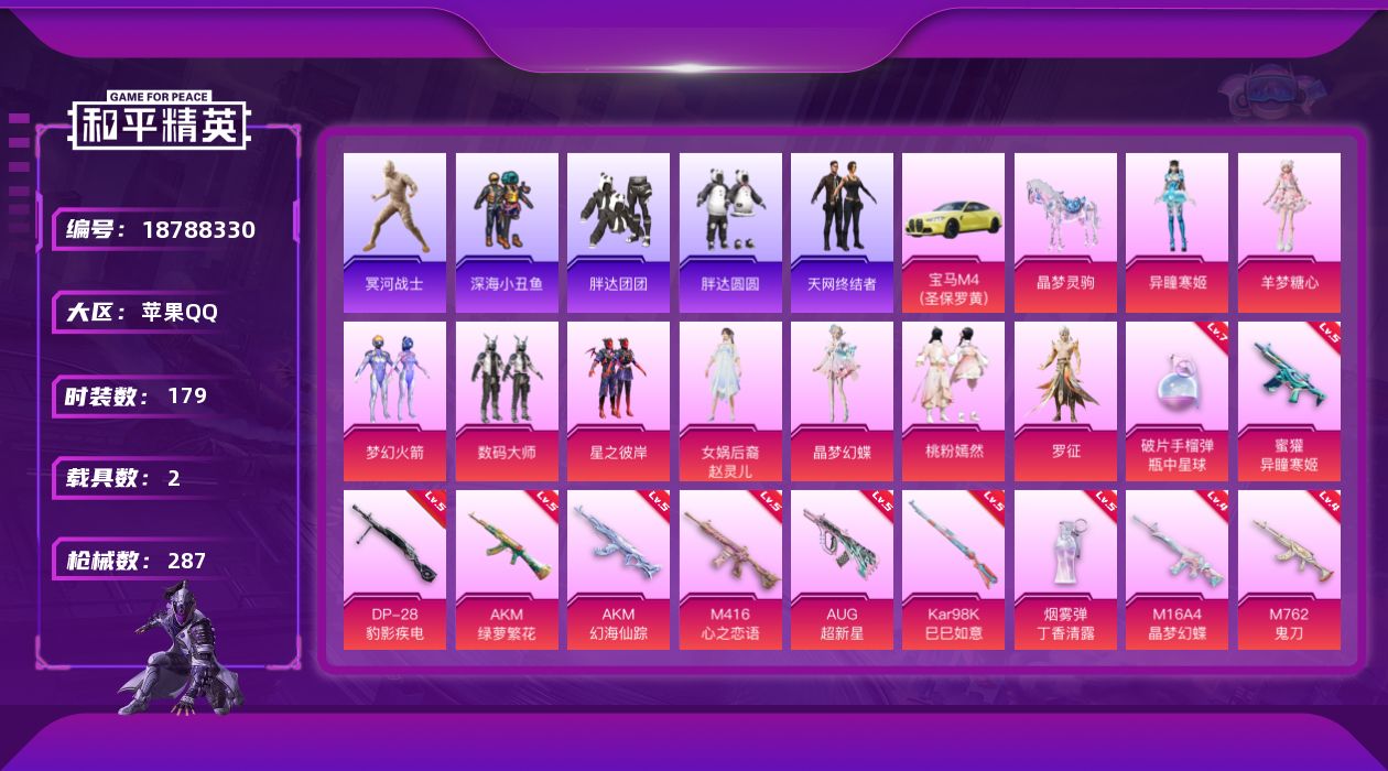 和平精英账号苹果QQ[18788330]"XY665包人脸 苹果Q-4稀有2载具9粉装17特效枪22热门179套装287枪皮 90678热力值 16印记 历史绝世王牌17星   梦幻火箭  木乃伊 暗影哥特 天网终结者 