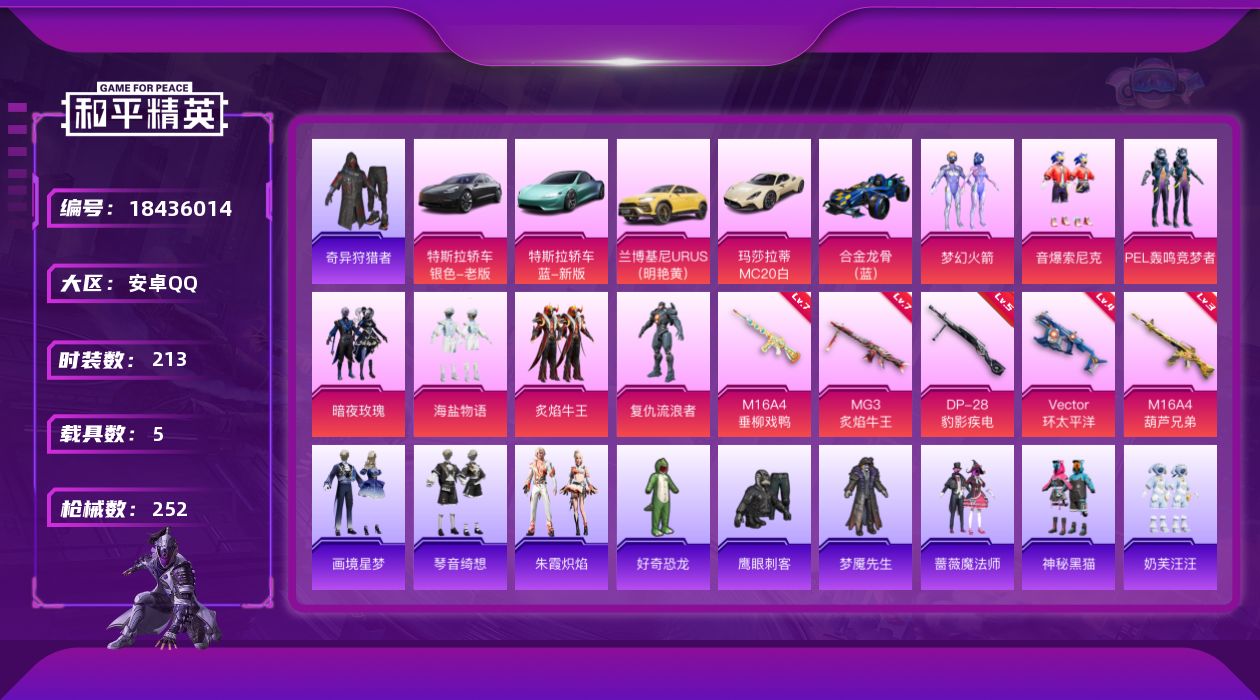 和平精英账号安卓QQ[18436014]安卓 手Q-7粉装-10特效枪-5载具-2粉色飞行器-90408热力值-7王牌印记-213套装-252枪皮
【热门品类】：粉装-梦幻火箭，粉装-音爆索尼克，套装-浪漫天命，套装-小