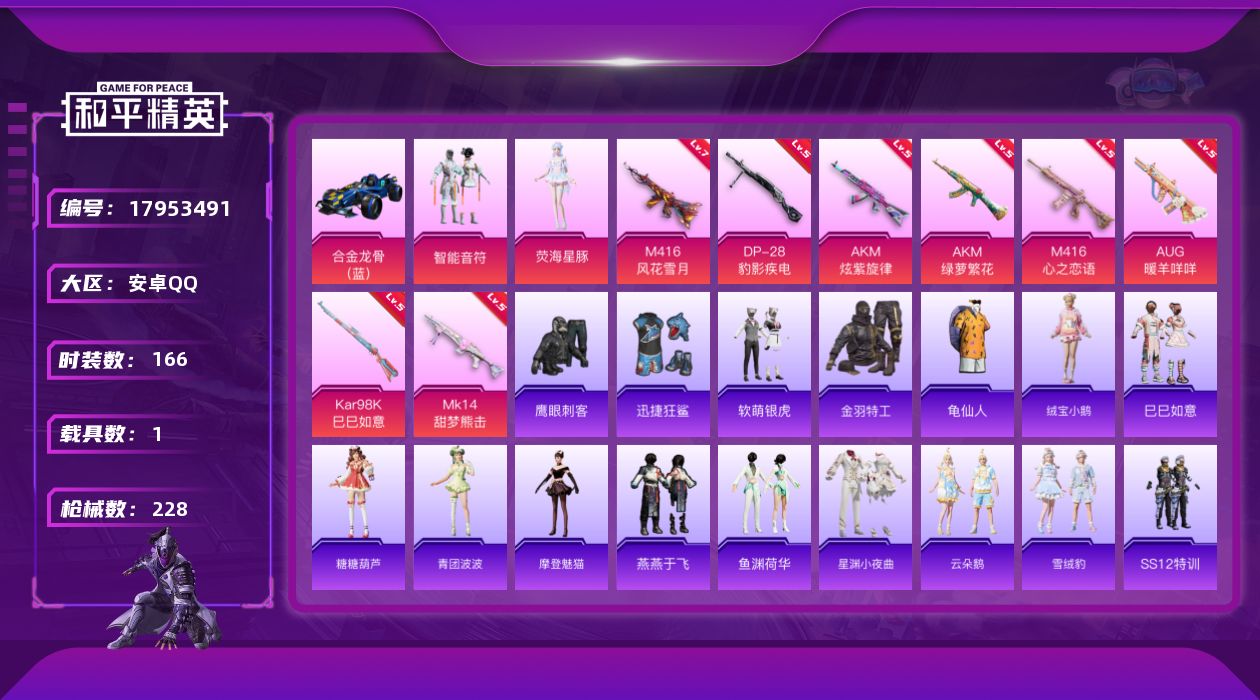 和平精英账号安卓QQ[17953491]安卓 手Q-2粉装-11特效枪-1载具-1粉色飞行器-65781热力值-15王牌印记-166套装-228枪皮
【热门品类】：套装-金羽特工，套装-龟仙人
【粉色套装】：粉装-智能音