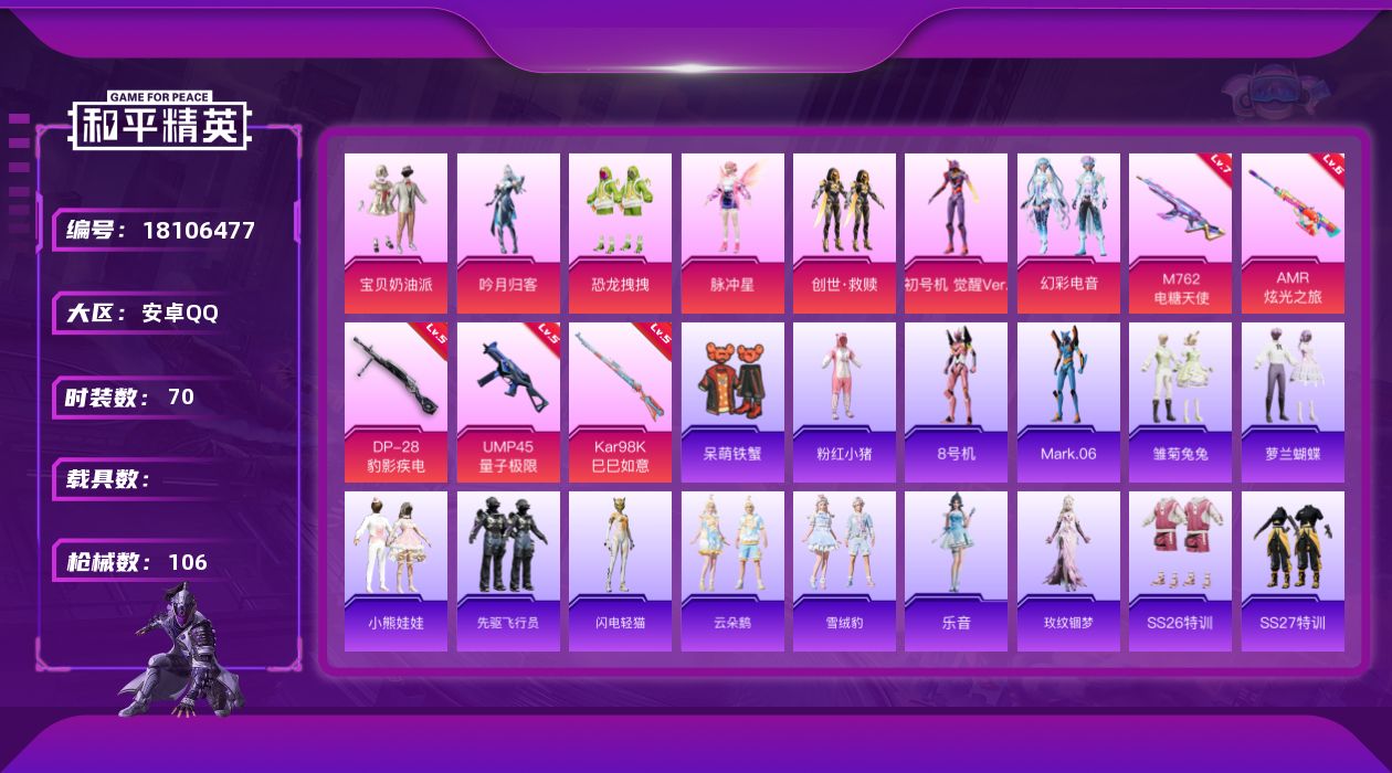 和平精英账号安卓QQ[18106477]【特价出售/店主推荐】安卓 手Q-7粉装-5特效枪-3粉色飞行器-34489热力值-5王牌印记-70套装-106枪皮【热门品类】：套装-粉红小猪，角色-8号机，角色-Mark.06
