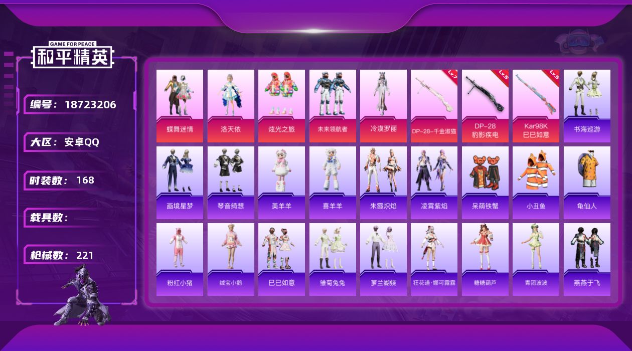 和平精英账号安卓QQ[18723206]168套装/枪械6/装备328/战备193/王牌印记9/热力值68140/五级ACE32-萌骑漫游/五级AKS-74U-森灵之息/五级Kar98K-巳巳如意/五级Mk14-福马献瑞