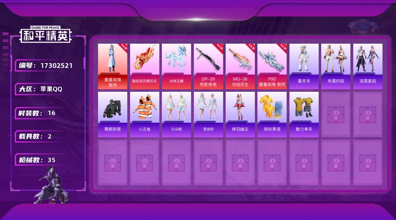 和平精英账号苹果QQ[17302521]【特价出售/店主推荐】苹果 手Q-1神装-0粉装-3特效枪-2载具-2粉色飞行器-13070热力值-2王牌印记-16套装-35枪皮
【红色神装等级】：魔童闹海-敖丙(二级)
【红色