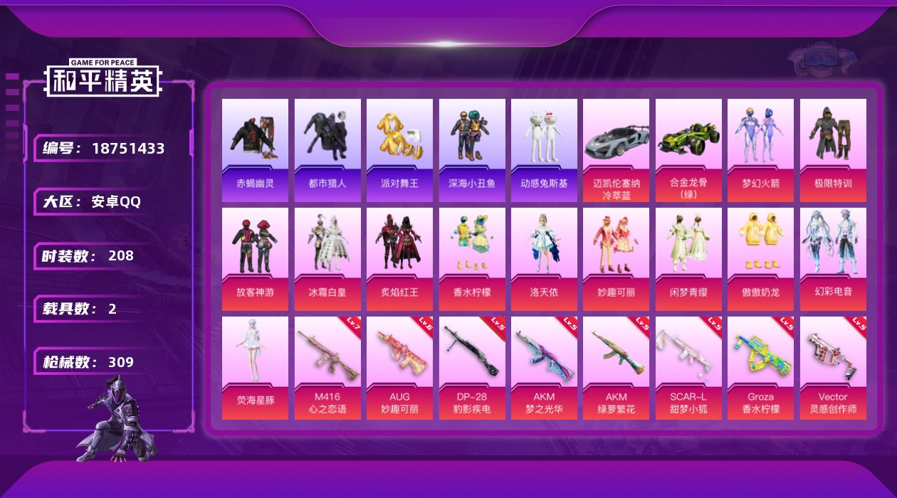 和平精英账号安卓QQ[18751433]安卓 手Q-无敌战神框-12粉装-14特效枪-2载具-2粉色飞行器-96509热力值-28王牌印记-208套装-309枪皮
【热门品类】：粉装-梦幻火箭，套装-浪漫天命，套装-赤蝎