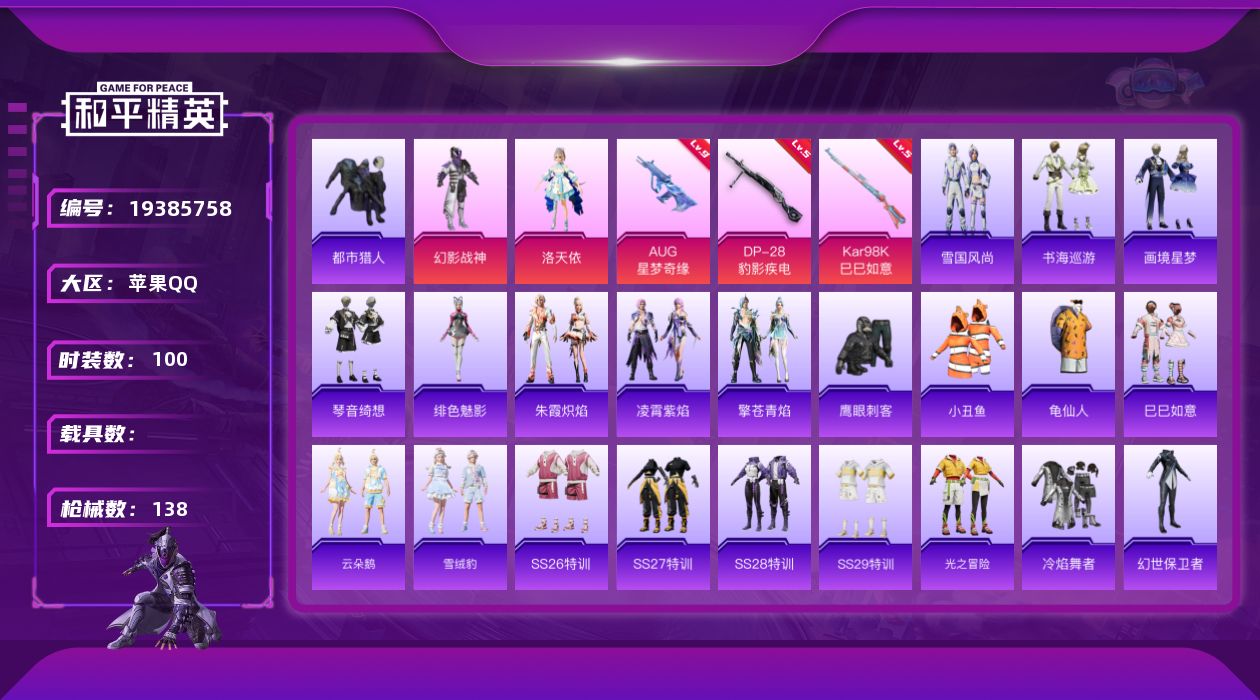 和平精英账号苹果QQ[19385758]100套装/枪械7/装备162/战备88/王牌印记8/热力值40423/九级AUG-星梦奇缘/三级ACE32-萌骑漫游/五级AKS-74U-森灵之息/五级Kar98K-巳巳如意/五