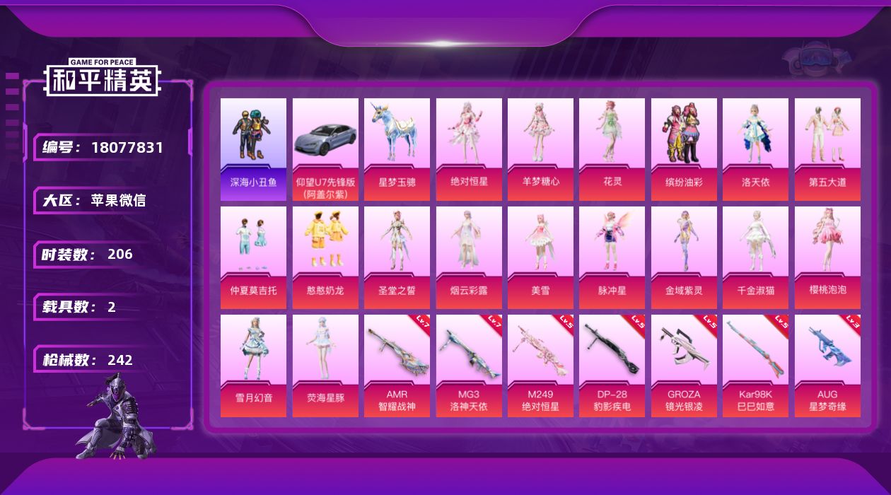 和平精英账号苹果微信[18077831]【店主推荐捡漏号！可直接换绑】苹果 微信-18粉装-9特效枪-2载具-8粉色飞行器-89061热力值-14王牌印记-206套装-242枪皮【热门品类】：粉装-缤纷油彩，套装-深海小