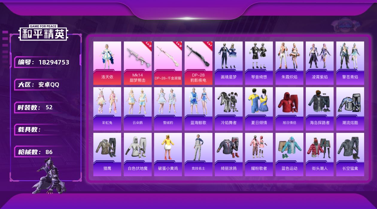 和平精英账号安卓QQ[18294753]安卓 手Q-1粉装-6特效枪-0载具-1粉色飞行器-21797热力值-1王牌印记-52套装-86枪皮
【粉色套装】：角色-洛天依
【粉色枪皮等级】：AKS-74U-森灵之息(五级)