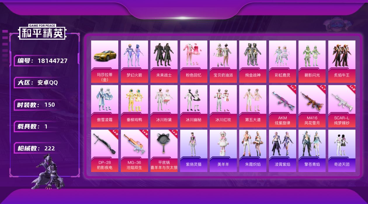和平精英账号安卓QQ安卓 有二次 手Q-14粉装-7特效枪-1载具-3粉色飞行器-73289热力值-5王牌印记-150套