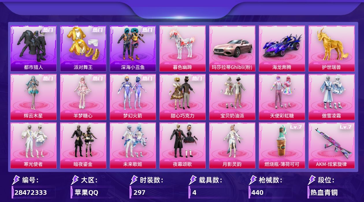 [28472333]苹果手Q-历史最高段位：无敌战神-12粉装-21特效枪-4载具-13粉色飞行器-140278热力值-28王牌印记-297套装-440枪皮
【热门品类】：粉装-梦幻火箭，绝对防御上衣，套装-浪漫天命，套装-都市猎人，套装-派对舞王，套装-深海小丑鱼，套装-龟仙人，套装-暗影哥特，套装-粉红小猪
【粉色套装】：粉装-甜心巧克力，粉装-宝贝奶油派，粉装-天使彩虹糖，粉装-梦幻火箭，粉装-傲雪凌霜，粉装-寒光使者，粉装-暗夜鎏金，粉装-未来歌姬，粉装-夜幕颂歌，角色-月影灵韵，角色-羊梦糖心，角色-辉云木星
【粉色枪皮等级】：轻型迫击炮-酷夏轰炸(一级)，AKM-炫紫旋律(七级)，SCAR-L-金蛇镇世(三级)，M416-五爪金龙(七级)，M416-墨龙九天(三级)，GROZA-镜光银凌(五级)，AUG-暖羊咩咩(五级)，AUG-青衫玉鸣(六级)，ARX-神木藏锋(四级)，Vector-环太平洋(六级)，Vector-流风之羽(五级)，汤姆逊-玉魄流云(四级)，AKS-74U-森灵之息(四级)，AKS-74U-琉璃赤心(五级)，P90-沙丘之主(三级)，Kar98K-巳巳如意(五级)，Mk14-樱桃泡泡(六级)，Mk14-福马献瑞(五级)，AA12-G-其乐融融(四级)，DP-28-豹影疾电(五级)，燃烧瓶-薄荷可可(七级)
【粉色载具】：玛莎拉蒂Ghibli（粉），海龙奔腾，护世瑞兽，暮色幽蹄
【粉色枪皮】：轻型迫击炮-酷夏轰炸，AKM-炫紫旋律，SCAR-L-金蛇镇世，M416-五爪金龙，M416-墨龙九天，GROZA-镜光银凌，AUG-暖羊咩咩，AUG-青衫玉鸣，ARX-神木藏锋，Vector-环太平洋，Vector-流风之羽，汤姆逊-玉魄流云，AKS-74U-森灵之息，AKS-74U-琉璃赤心，P90-沙丘之主，Kar98K-巳巳如意，Mk14-樱桃泡泡，Mk14-福马献瑞，AA12-G-其乐融融，DP-28-豹影疾电，燃烧瓶-薄荷可可
【粉色飞行器】：酣梦熊熊飞行器，炫彩糖果飞行器，祥瑞起舞飞行器，天之羽翼飞行器，沙丘之主天马，镜域双华-灵镜之阶，龙翔九天飞行器，脆鲨七海飞行器，动力核心飞行器，凤舞九天飞行器，万象金身飞行器，飞天猪飞行器，灵珠游龙飞行器
【粉色降落伞】：绝对恒星降落伞，灰烬之翎降落伞，碎梦浮光降落伞，破风疾驰降落伞，极限特训降落伞，百万伏特降落
