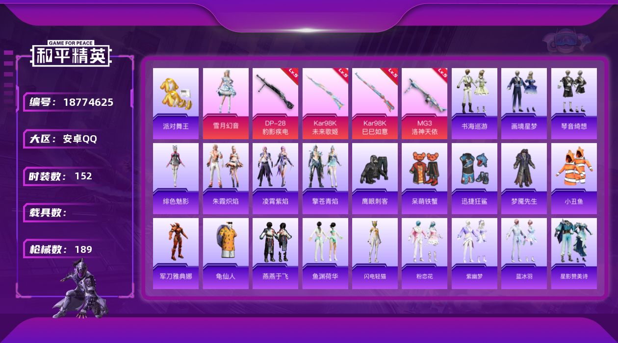 和平精英账号安卓QQ[18774625]安卓 手Q-2粉装-6特效枪-0载具-1粉色飞行器-48670热力值-12王牌印记-152套装-189枪皮
【热门品类】：套装-派对舞王，套装-小丑鱼，角色-军刀雅典娜，套装-龟仙