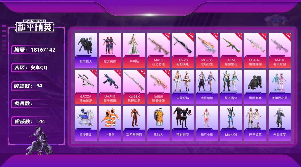 和平精英账号安卓QQ[18167142]安卓 手Q-2粉装-10特效枪-0载具-1粉色飞行器-40271热力值-5王牌印记-94套装-144枪皮
【热门品类】：套装-浪漫天命，套装-都市猎人，套装-小丑鱼，角色-军刀雅典