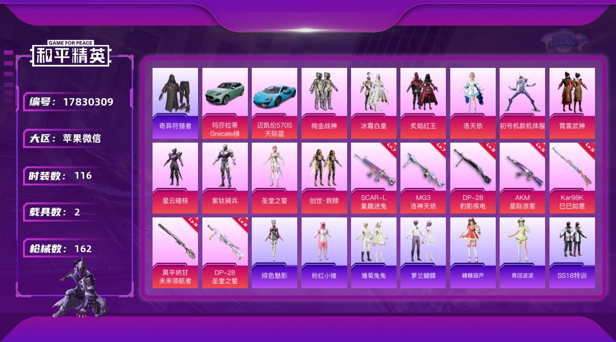 和平精英账号苹果微信[17830309]【特价出售/店主推荐】苹果 微信-10粉装-7特效枪-2载具-3粉色飞行器-53461热力值-7王牌印记-116套装-162枪皮
【热门品类】：套装-奇异狩猎者，套装-粉红小猪
【