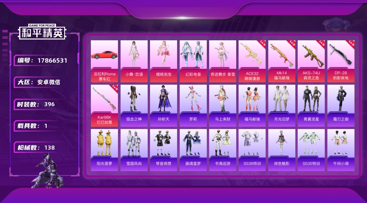 和平精英账号安卓微信4粉装 6特效枪 1载具 10印记 可二次 可修改实名 
【热门装扮】奇迹舞步-美雪,樱桃泡泡,小舞