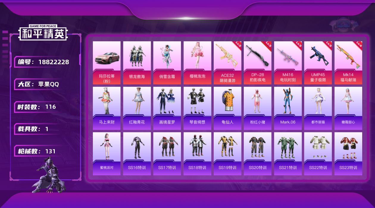 和平精英账号苹果QQ[18822228]116套装/枪械5/装备122/载具1/战备96/王牌印记7/热力值39459/五级M416-电玩时刻/五级ACE32-萌骑漫游/五级UMP45-量子极限/四级MK14-福马献瑞/