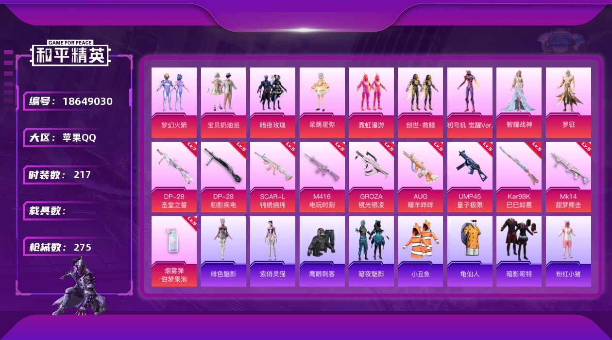 和平精英账号苹果QQ[18649030]苹果 手Q-9粉装-10特效枪-0载具-3粉色飞行器-90675热力值-18王牌印记-217套装-275枪皮
【热门品类】：粉装-梦幻火箭，套装-小丑鱼，套装-龟仙人，套装-暗影哥