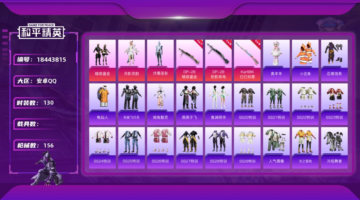 和平精英账号安卓QQ[18443815]安卓 手Q-3粉装-5特效枪-0载具-0粉色飞行器-43714热力值-9王牌印记-130套装-156枪皮
【热门品类】：套装-小丑鱼，套装-忍者信条，套装-龟仙人
【粉色套装】：粉