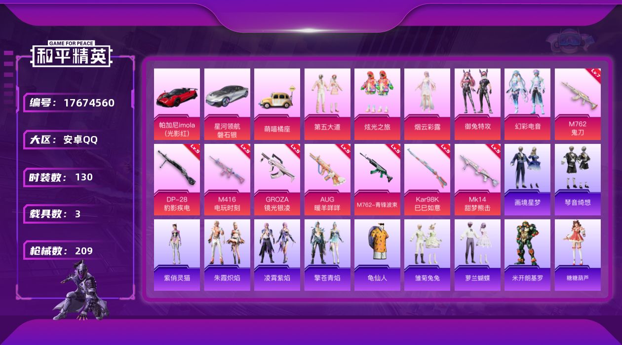 和平精英账号安卓QQ[17674560]安卓 手Q-5粉装-8特效枪-3载具-2粉色飞行器-62242热力值-11王牌印记-130套装-209枪皮
【热门品类】：套装-龟仙人
【粉色套装】：粉装-第五大道，粉装-炫光之旅