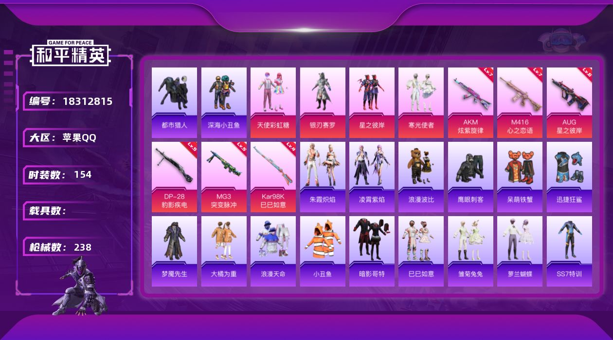 和平精英账号苹果QQ[18312815]苹果 手Q-5粉装-8特效枪-0载具-1粉色飞行器-69718热力值-7王牌印记-154套装-238枪皮
【热门品类】：套装-浪漫天命，套装-都市猎人，套装-深海小丑鱼，套装-小丑