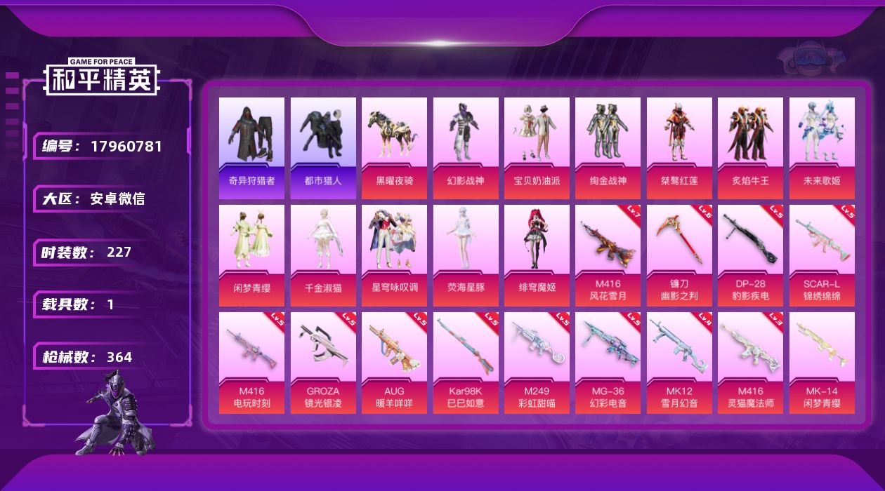 和平精英账号安卓微信[17960781]有二次可直接换绑   地铁满天赋！！【特价出售/店主推荐】安卓 微信-12粉装-17特效枪-1载具-5粉色飞行器-110815热力值-17王牌印记-227套装-364枪皮
【热门品