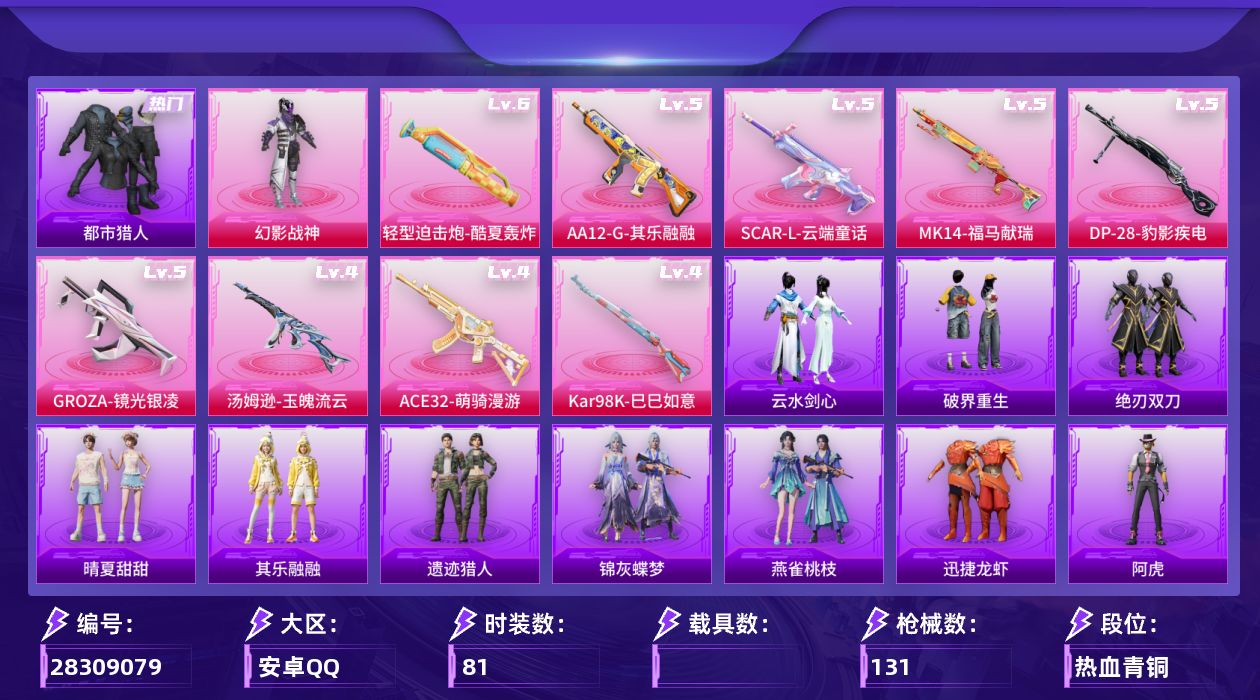 [28309079]安卓手Q-历史最高段位：卓越王牌11星-1粉装-9特效枪-2粉色飞行器-33729热力值-2王牌印记-81套装-131枪皮
【热门品类】：套装-都市猎人，套装-金羽特工，套装-忍者信条，套装-暗影哥特
【粉色套装】：粉装-幻影战神
【粉色枪皮等级】：轻型迫击炮-酷夏轰炸(六级)，SCAR-L-云端童话(五级)，GROZA-镜光银凌(五级)，ACE32-萌骑漫游(四级)，汤姆逊-玉魄流云(四级)，Kar98K-巳巳如意(四级)，Mk14-福马献瑞(五级)，AA12-G-其乐融融(五级)，DP-28-豹影疾电(五级)
【粉色枪皮】：轻型迫击炮-酷夏轰炸，SCAR-L-云端童话，GROZA-镜光银凌，ACE32-萌骑漫游，汤姆逊-玉魄流云，Kar98K-巳巳如意，Mk14-福马献瑞，AA12-G-其乐融融，DP-28-豹影疾电
【粉色飞行器】：炫彩糖果飞行器，镜光幻境飞行翼
【粉色降落伞】：幻影战神降落伞，星之彼岸降落伞，千面幻镜降落伞，异瞳寒姬降落伞，极意拳锋降落伞，炫彩糖果降落伞，虹云熊熊降落伞
【稀有套装】：套装-巳巳如意，套装-雪国风尚，套装-炫彩糖果，角色-阿虎，套装-马上有钱，套装-迅捷龙虾，套装-遗迹猎人，套装-其乐融融，套装-晴夏甜甜，套装-绝刃双刀，套装-荒原烈焰，套装-云水剑心，套装-破界重生，套装-香桃花海，套装-雏菊兔兔，套装-萝兰蝴蝶，角色-摩登魅猫，玩偶服-美羊羊，角色-霜刃之御，套装-雨过天青，套装-红釉青花，套装-锦灰蝶梦，套装-燕雀桃枝
【稀有枪皮】：AUG-冰晶雪宝，AKM-环太平洋，AKM-龙的传人，M16A4-幻世战舞者，SCAR-L-夜灯，M416-红色方程式，M416-蓝色火焰，GROZA-影袭，AUG-幻影战神，AUG-耀粉歌者，QBZ-洛神天依，M762-天降萌叽，M762-登顶巅峰，Mk47-虹云熊熊，蜜獾-天降萌叽，UZI-啾咪啾咪，UZI-影袭，UZI-红色方程式，UMP45-夜灯，UMP45-生命誓言，UMP45-绒宝小鹅，汤姆逊-天降萌叽，汤姆逊-像素花束，MP7-G-锦灰蝶梦，P90-巳巳如意，M24-影袭，VSS-星之彼岸，Mini14-穿刺龙虾，AMR-喜羊羊与灰太狼，M417-锦灰蝶梦，S686-彩虹符号，S686-巳巳如意，S1897-锦灰蝶梦，S12K-夜灯，MG3-幻世战舞者，M338-锦灰蝶梦，大