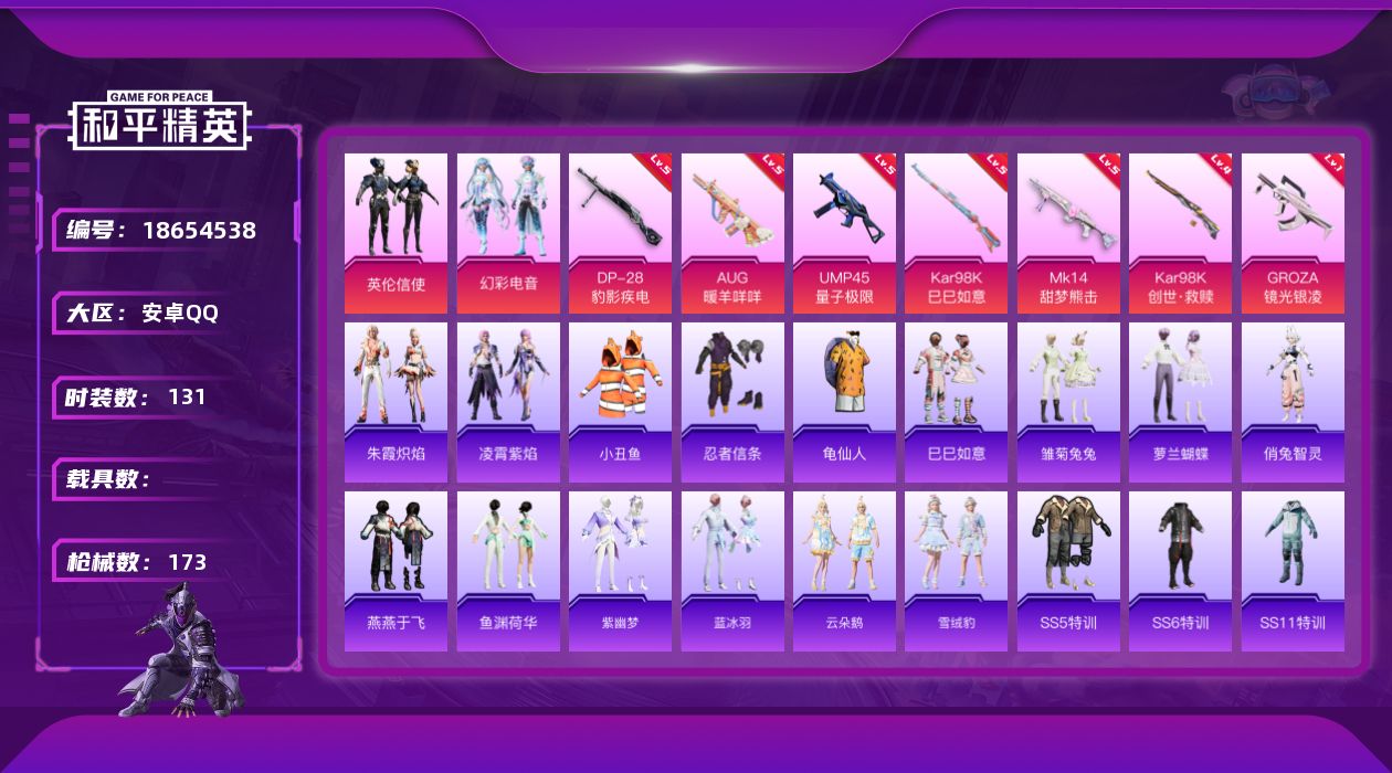 和平精英账号安卓QQ[18654538]安卓 手Q-2粉装-9特效枪-0载具-0粉色飞行器-45288热力值-5王牌印记-131套装-173枪皮
【热门品类】：套装-小丑鱼，套装-忍者信条，套装-龟仙人
【粉色套装】：粉