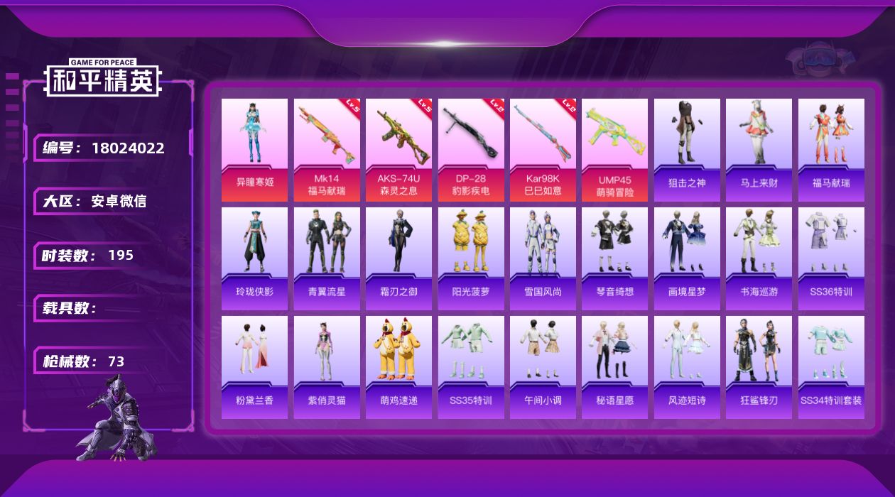 和平精英账号安卓微信1粉装 5特效枪 3印记 可二次 可修改实名 有社交场景限制
【热门装扮】异瞳寒姬
【稀有枪皮】Ka