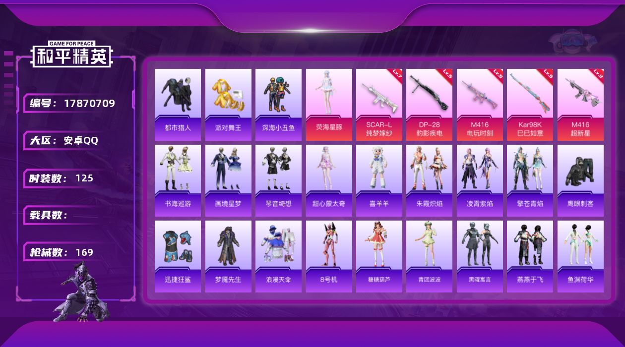 和平精英账号安卓QQ[17870709]安卓 手Q-1粉装-6特效枪-0载具-2粉色飞行器-51088热力值-7王牌印记-125套装-169枪皮
【热门品类】：套装-浪漫天命，套装-都市猎人，套装-派对舞王，套装-深海小