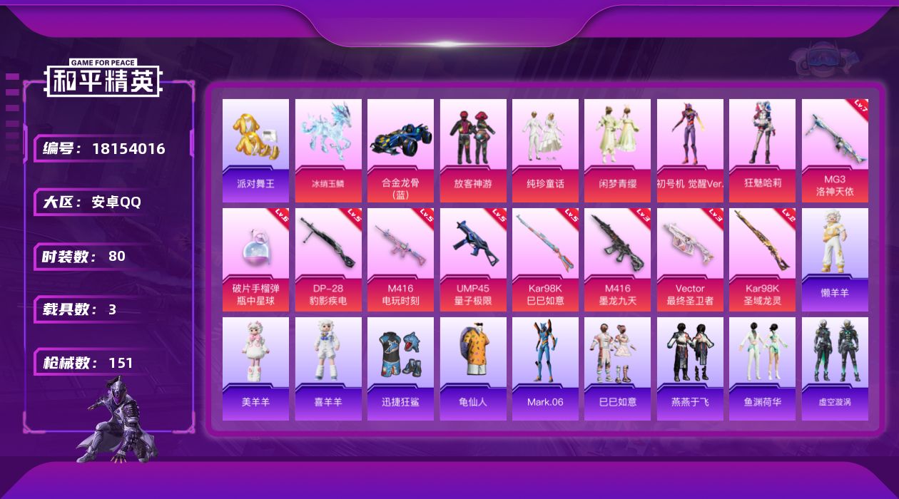 和平精英账号安卓QQ[18154016]【特价出售/店主推荐】/绝世印记1 安卓 手Q-5粉装-9特效枪-3载具-7粉色飞行器-45170热力值-8王牌印记-80套装-151枪皮【热门品类】：套装-派对舞王，套装-龟仙人