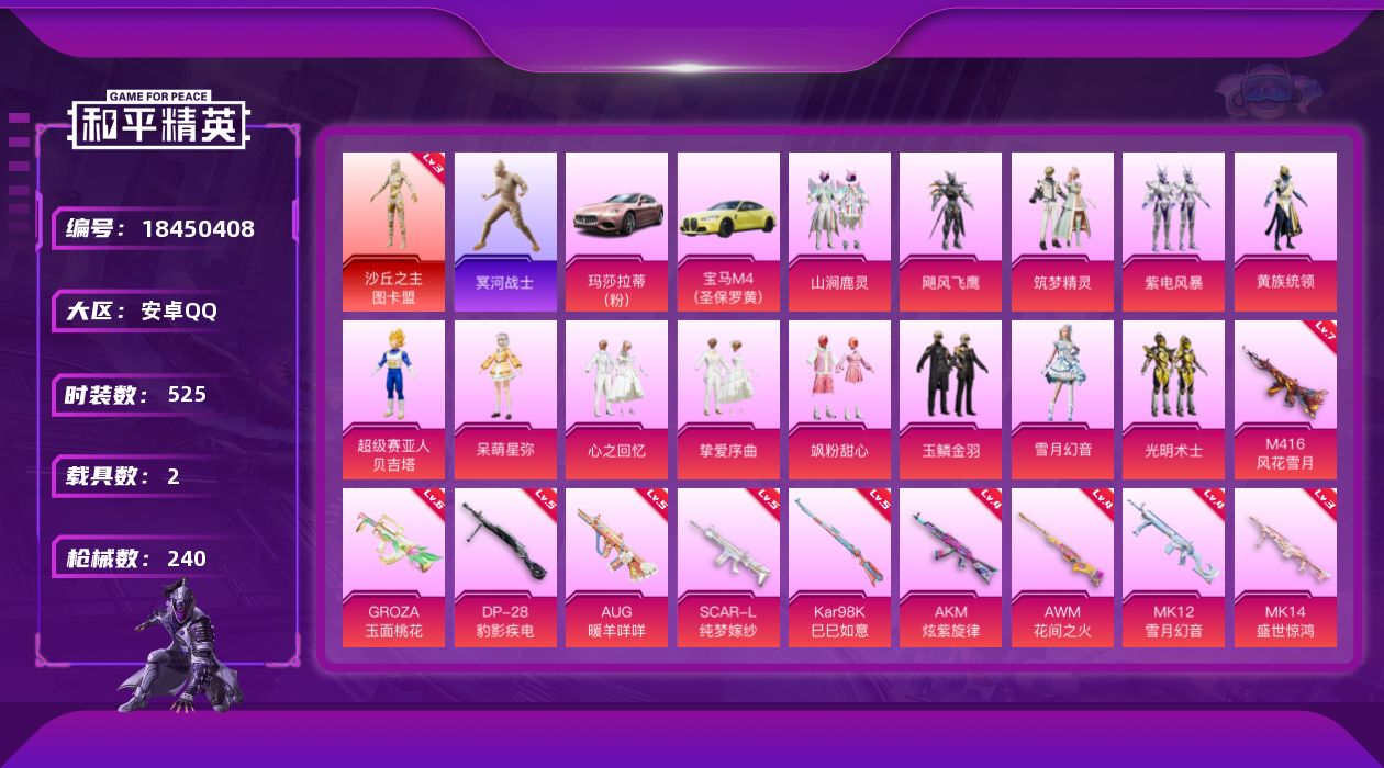 和平精英账号安卓QQ[18450408]1红装 12粉装 13特效枪 2载具 20印记 可二次 可修改实名 
【三级神装