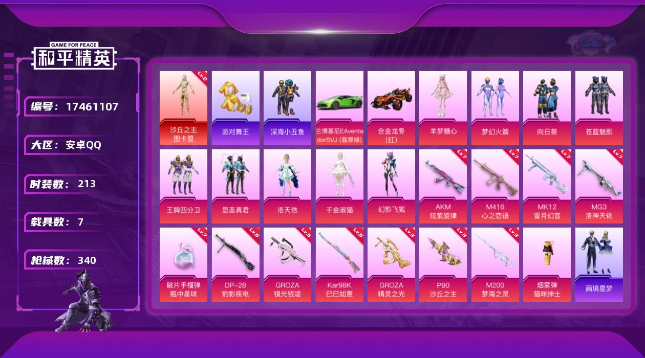 和平精英账号安卓QQ[17461107]安卓 手Q-1神装-9粉装-20特效枪-7载具-12粉色飞行器-127854热力值-11王牌印记-213套装-340枪皮【红色神装等级】：沙丘之主-图卡盟(二级)【红色角色神装】：