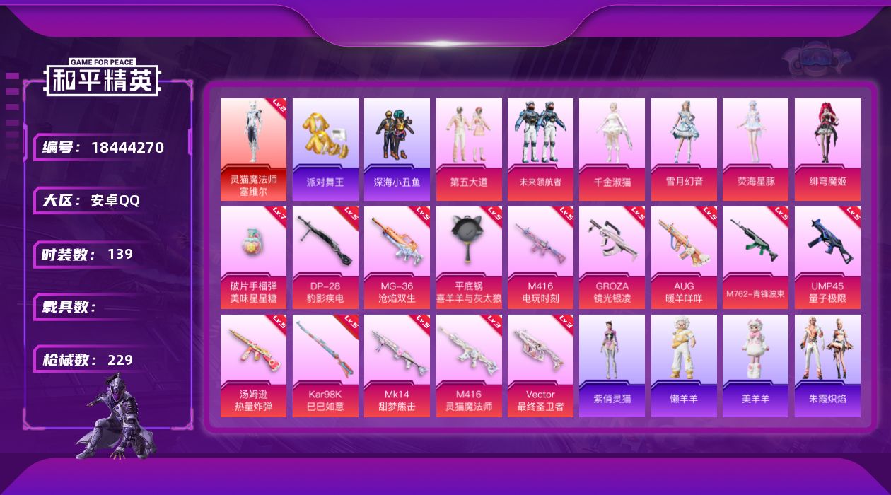 和平精英账号安卓QQ[18444270]安卓 手Q-1神装-6粉装-17特效枪-0载具-5粉色飞行器-69210热力值-11王牌印记-139套装-229枪皮
【红色神装等级】：灵猫魔法师-塞维尔(二级)
【红色角色神装】
