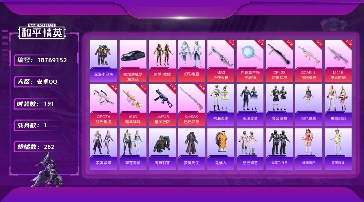 和平精英账号安卓QQ[18769152]安卓 手Q-3粉装-11特效枪-1载具-2粉色飞行器-77035热力值-21王牌印记-191套装-262枪皮
【热门品类】：套装-深海小丑鱼，套装-龟仙人
【粉色套装】：套装-创世