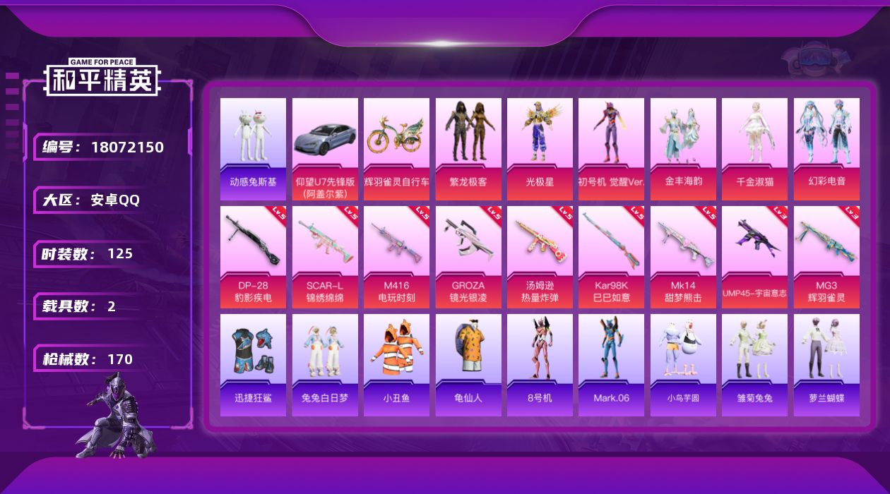 和平精英账号安卓QQ[18072150]安卓 手Q-6粉装-9特效枪-2载具-4粉色飞行器-56985热力值-11王牌印记-125套装-170枪皮
【热门品类】：粉装-繁龙极客，套装-小丑鱼，套装-动感兔斯基人偶服，套装