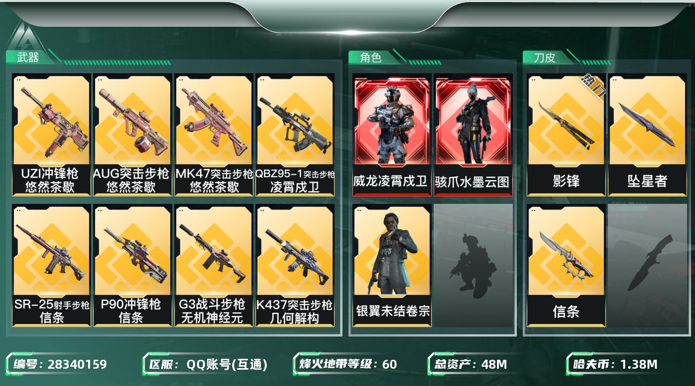 三角洲行动账号QQ[28340159]【终身售后 找回包赔】QQ包人脸，【烽火等级】：60，【总资产】：48M，【烽火