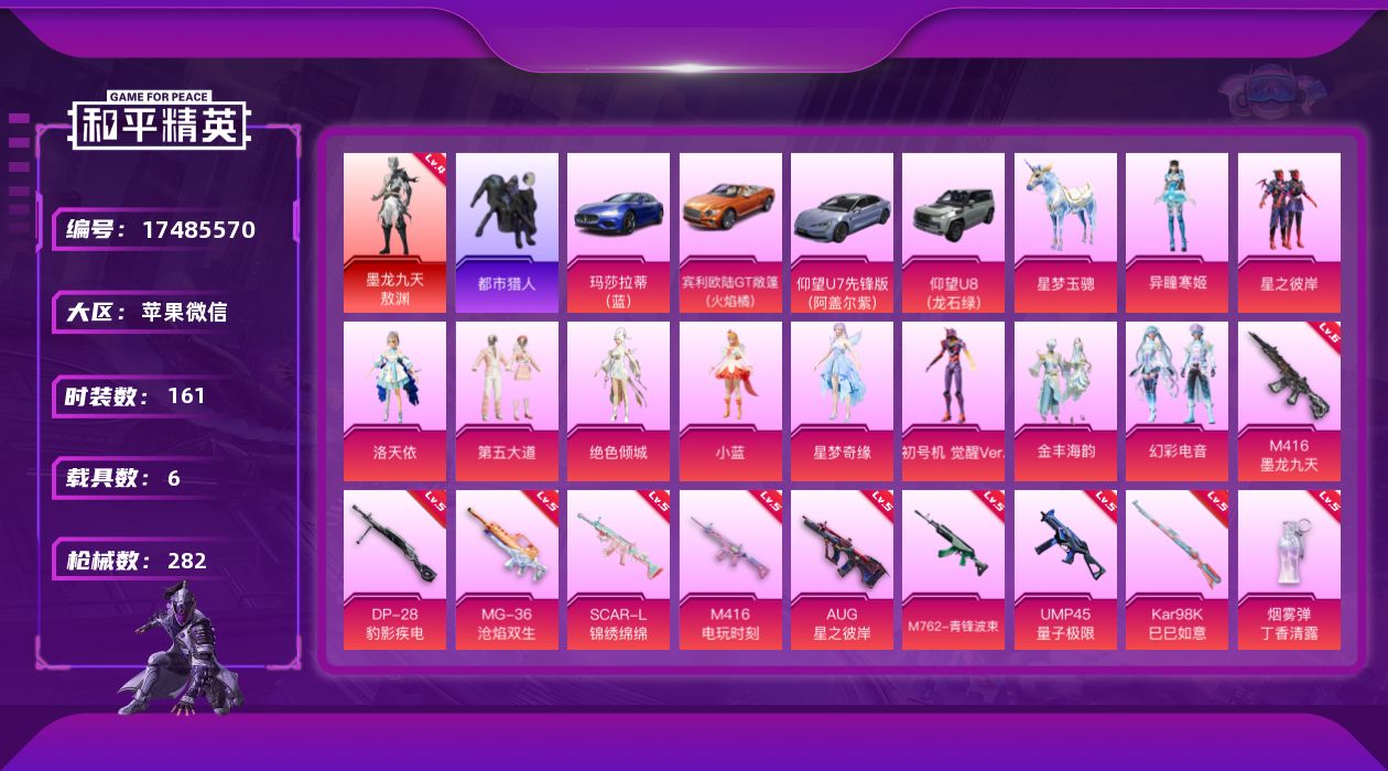 和平精英账号苹果微信[17485570]DAS9935  苹果V-可二次 墨龙九天-敖渊 (4级) M416-墨龙九天 (6级) 1红装3稀有6载具10粉装16特效枪7热门161套装282枪皮 98578热力值 13印记