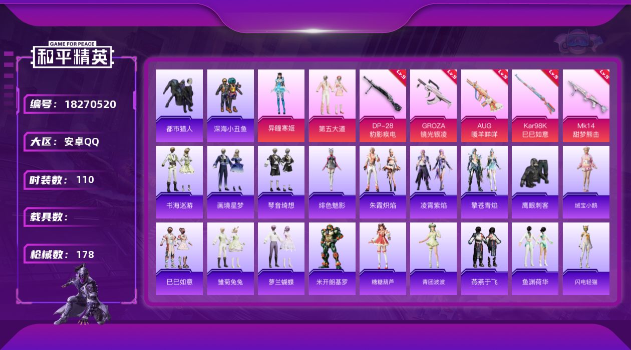 和平精英账号安卓QQ[18270520]安卓 手Q-2粉装-8特效枪-0载具-2粉色飞行器-46561热力值-7王牌印记-110套装-178枪皮
【热门品类】：套装-都市猎人，套装-深海小丑鱼
【粉色套装】：粉装-第五大