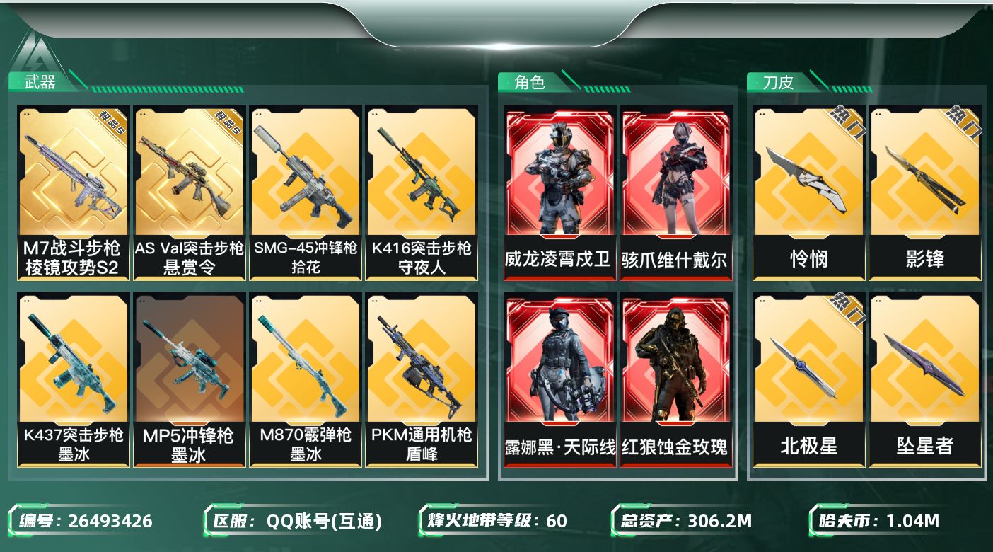 三角洲行动账号QQABC5000/QQ区/【总资产：309.32M，哈夫币：104W，红皮5，刀皮9，M7战斗步枪-棱