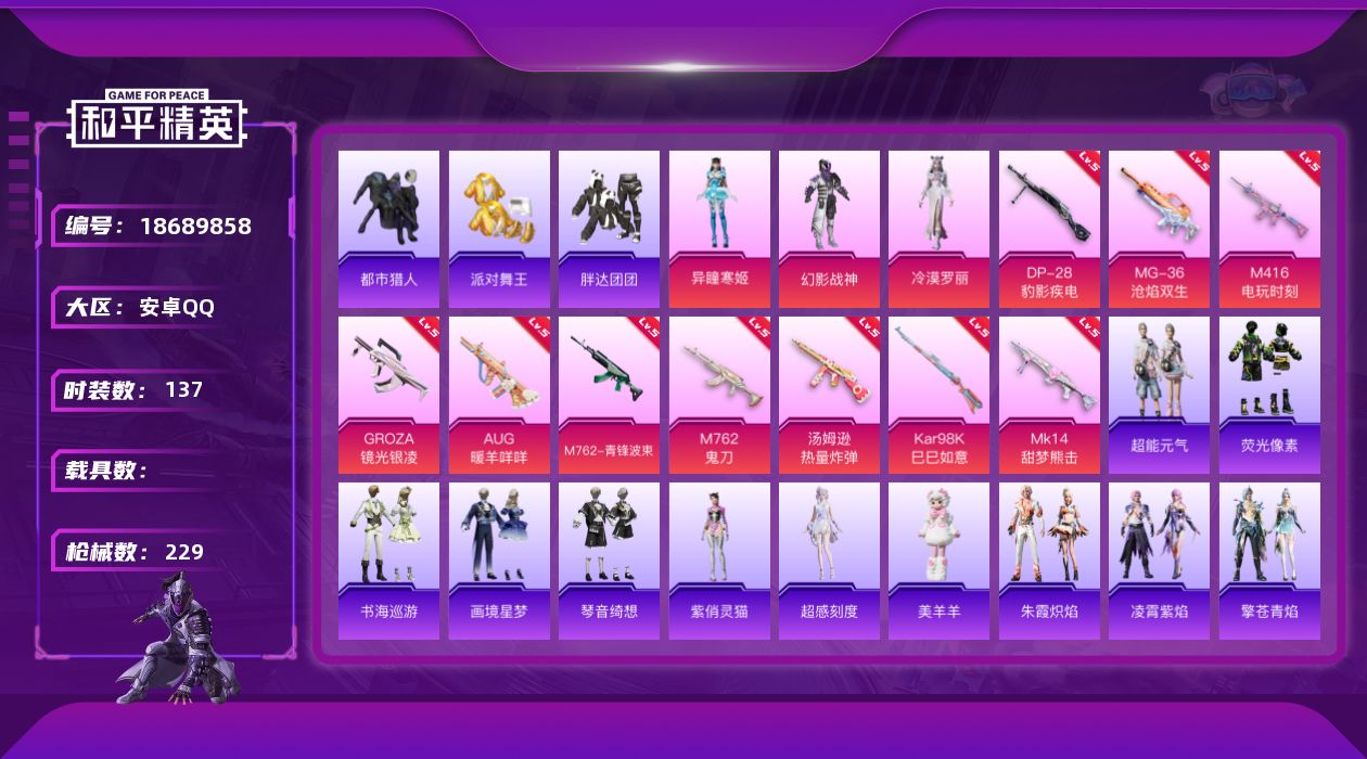 和平精英账号安卓QQ[18689858]安卓 手Q-3粉装-17特效枪-0载具-3粉色飞行器-57053热力值-10王牌印记-137套装-229枪皮
【热门品类】：套装-浪漫天命，套装-都市猎人，套装-派对舞王，套装-胖